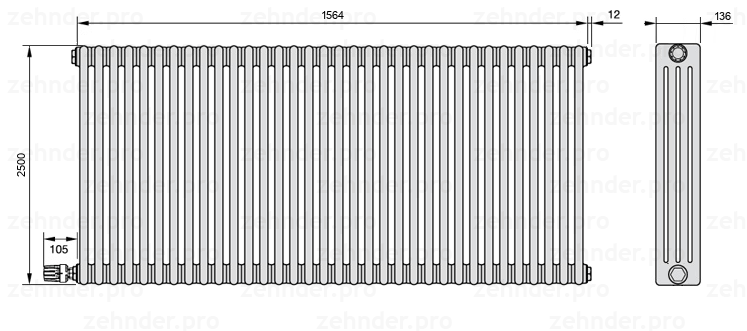 Схема (чертеж) Радиатор Zehnder Charleston 4250/34 №V003 Белый глянцевый RAL 9016